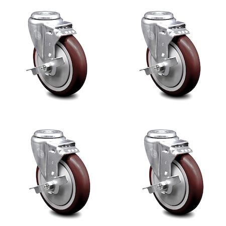 Service Caster 5 Inch Maroon Polyurethane Wheel Swivel Bolt Hole Caster Set with Brake SCC SCC-BH20S514-PPUB-MRN-TLB-4